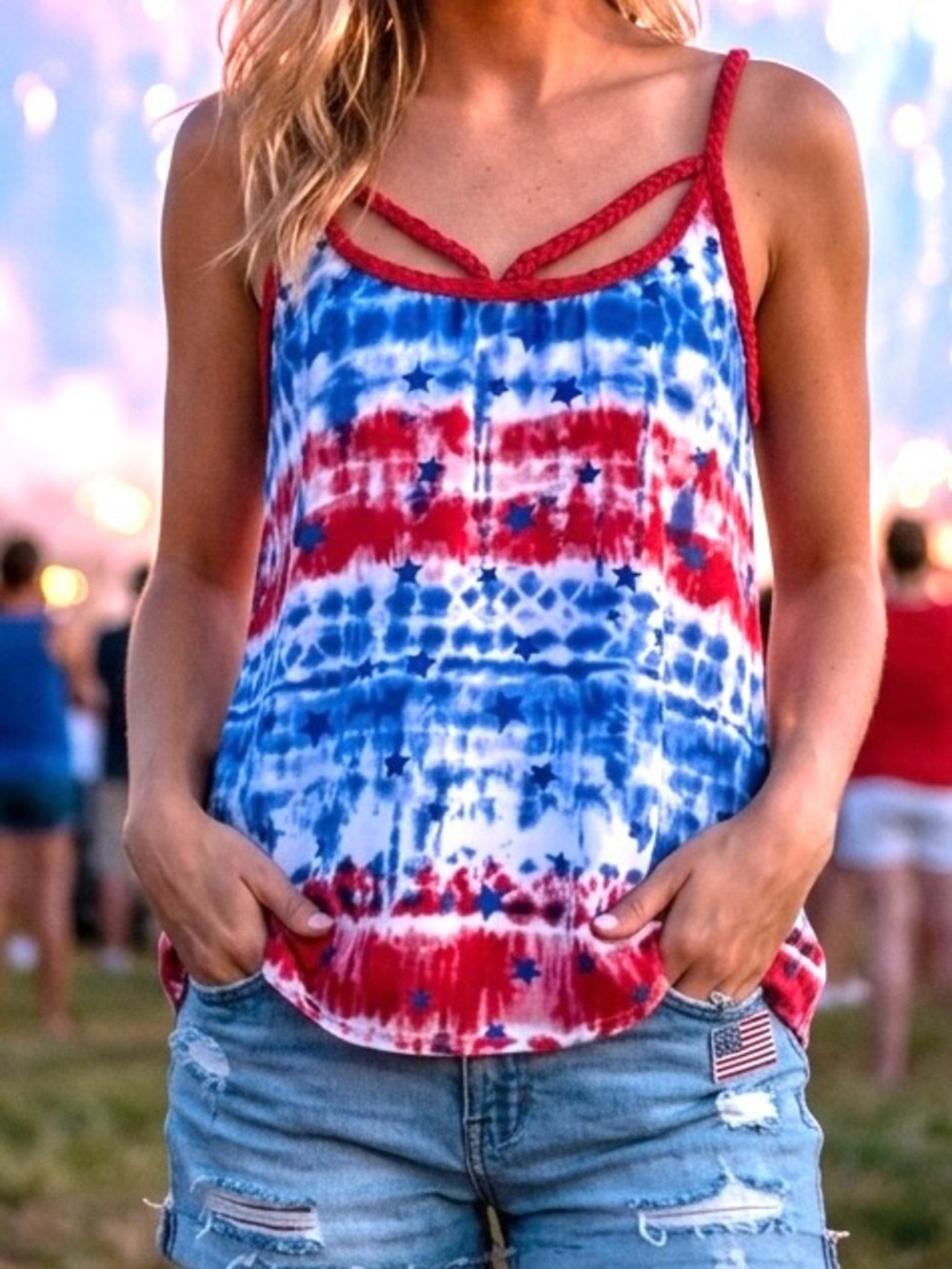 No Boundaries Red & Blue Tie-Dye Braided-Strap Camisole sz 11-13 Juniors